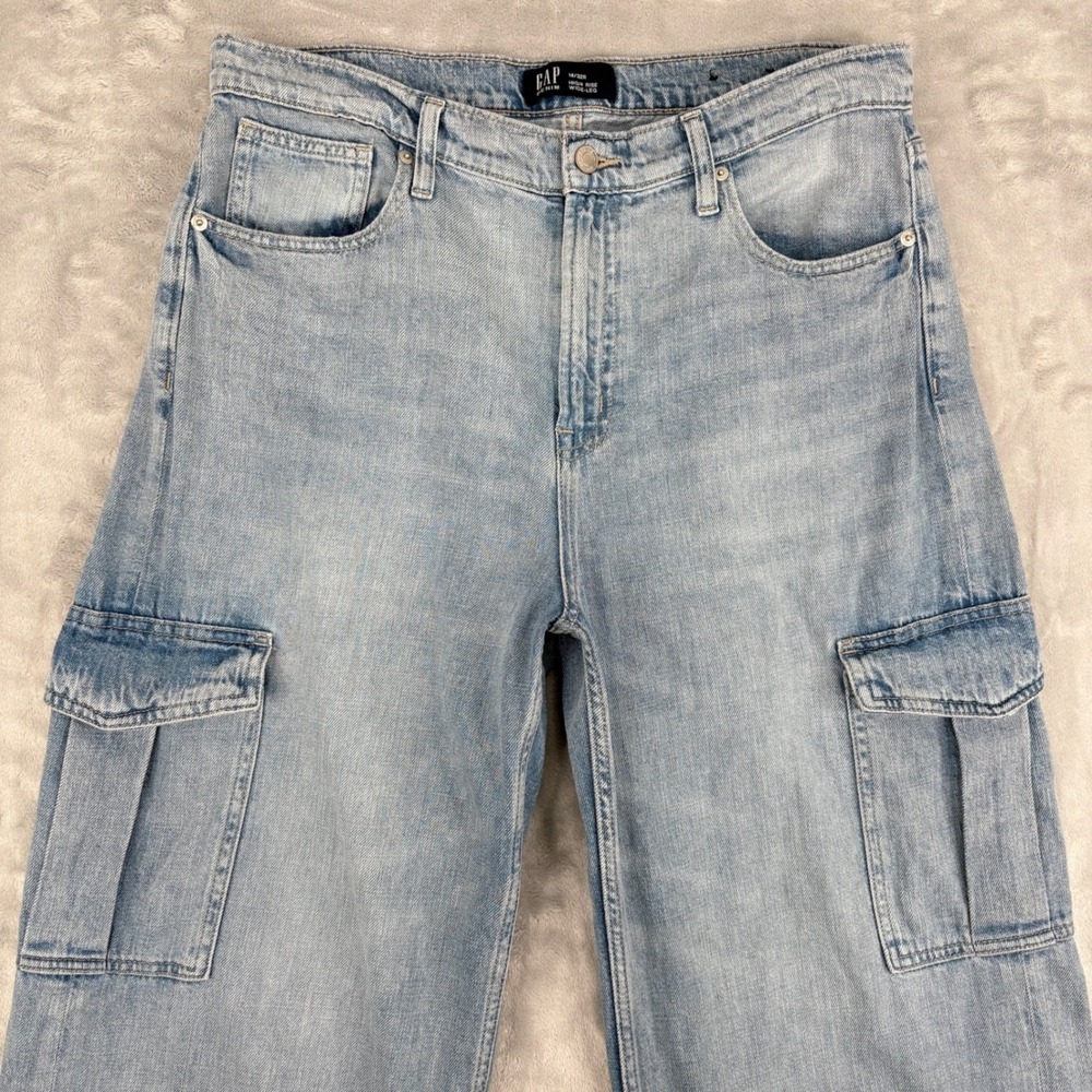 Gap Cargo Jeans Womens 14/32R (Fits 34x30) High Rise Light Wash Wide Leg Baggy - Picture 5 of 13